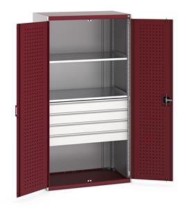 40021108.** Bott cubio kitted cupboard with lockable steel perfo lined doors 1050mm wide x 650mm deep x 2000mm high.  Supplied with 4 x 125mm high drawers and 2 x metal shelves.   Drawer capacity 75kgs, shelf capacity 100kgs....